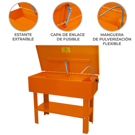 Lavadora de piezas naranja brillante con tapa levantada, grifo de agua y manguera de pulverización flexible, estante extraíble
