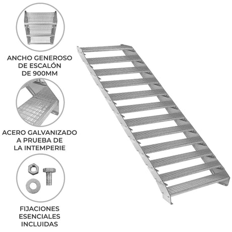 Escalera apilable de acero galvanizado, con escalones amplios de 900 mm, ideal para exteriores y resistente a la intemperie