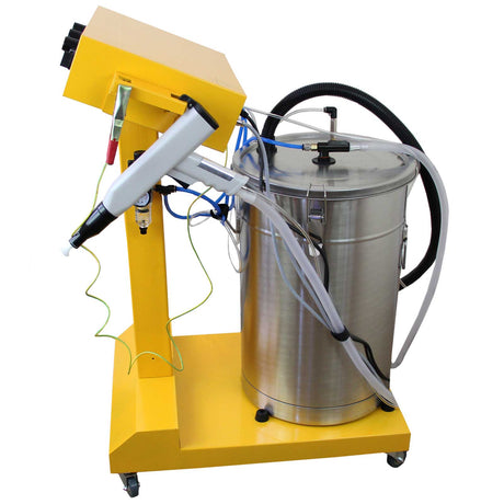 Máquina de pintura en polvo amarilla con tanque de acero inoxidable, mangueras flexibles y pistola de pulverización integrada
