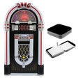 Tocadiscos jukebox retro en colores negro, rojo y plateado, con estuche para 40 CDs y detalles vintage en el diseño
