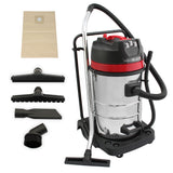 Aspiradora comercial MAXBLAST de 80 litros con diseño metálico brillante, accesorios en negro y rojo, ideal para limpieza profunda