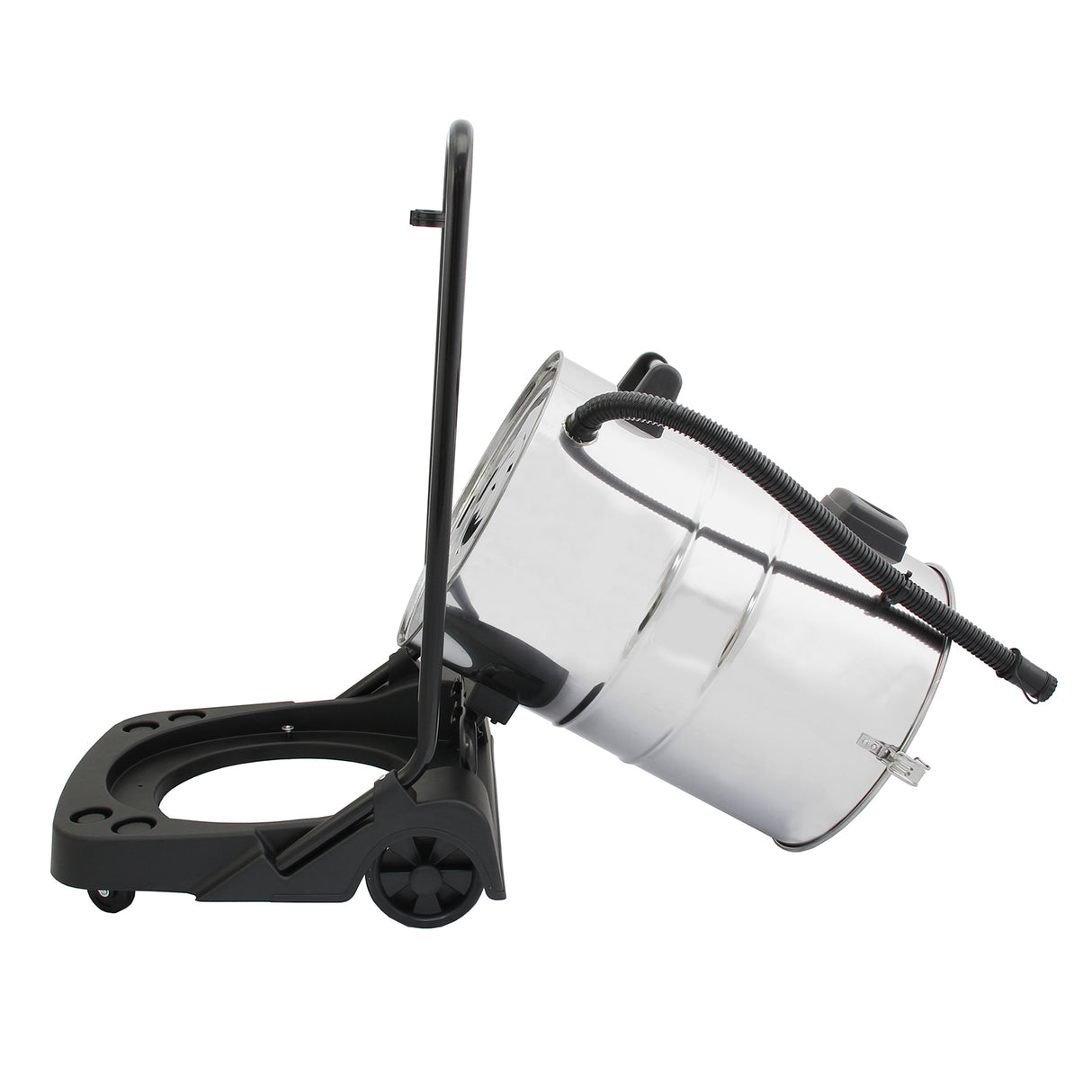 Aspiradora comercial MAXBLAST de 80 litros con diseño metálico brillante, base negra y manguera flexible, ideal para limpieza eficiente