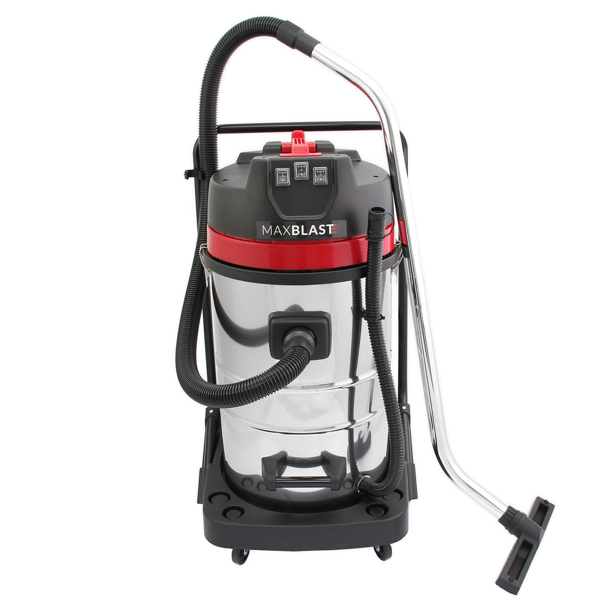 Aspiradora comercial MAXBLAST de 80 litros, con cuerpo de acero inoxidable brillante, manguera negra y detalles rojos, diseño robusto y funcional