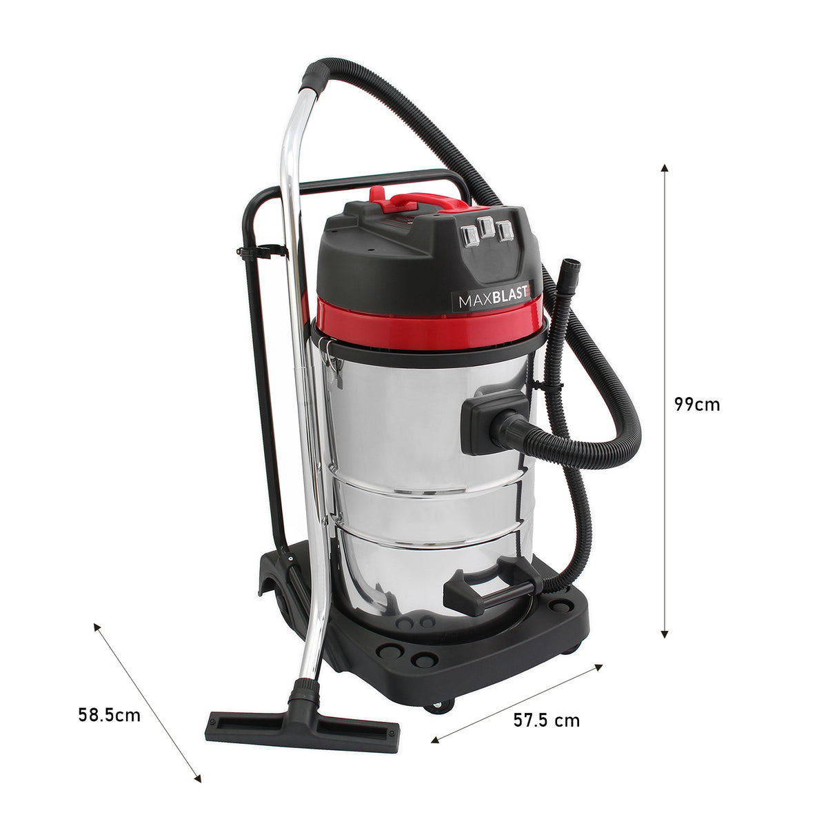 Aspiradora comercial MAXBLAST de 80 litros, con cuerpo metálico brillante, detalles en rojo, manguera negra y base robusta