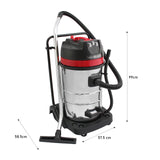 Aspiradora comercial MAXBLAST de 80 litros, con cuerpo metálico brillante, detalles en rojo, manguera negra y base robusta