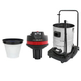 Aspiradora comercial MAXBLAST de 80 litros con tanque metálico brillante, motor negro y accesorios en color rojo y blanco, ideal para limpieza profesional