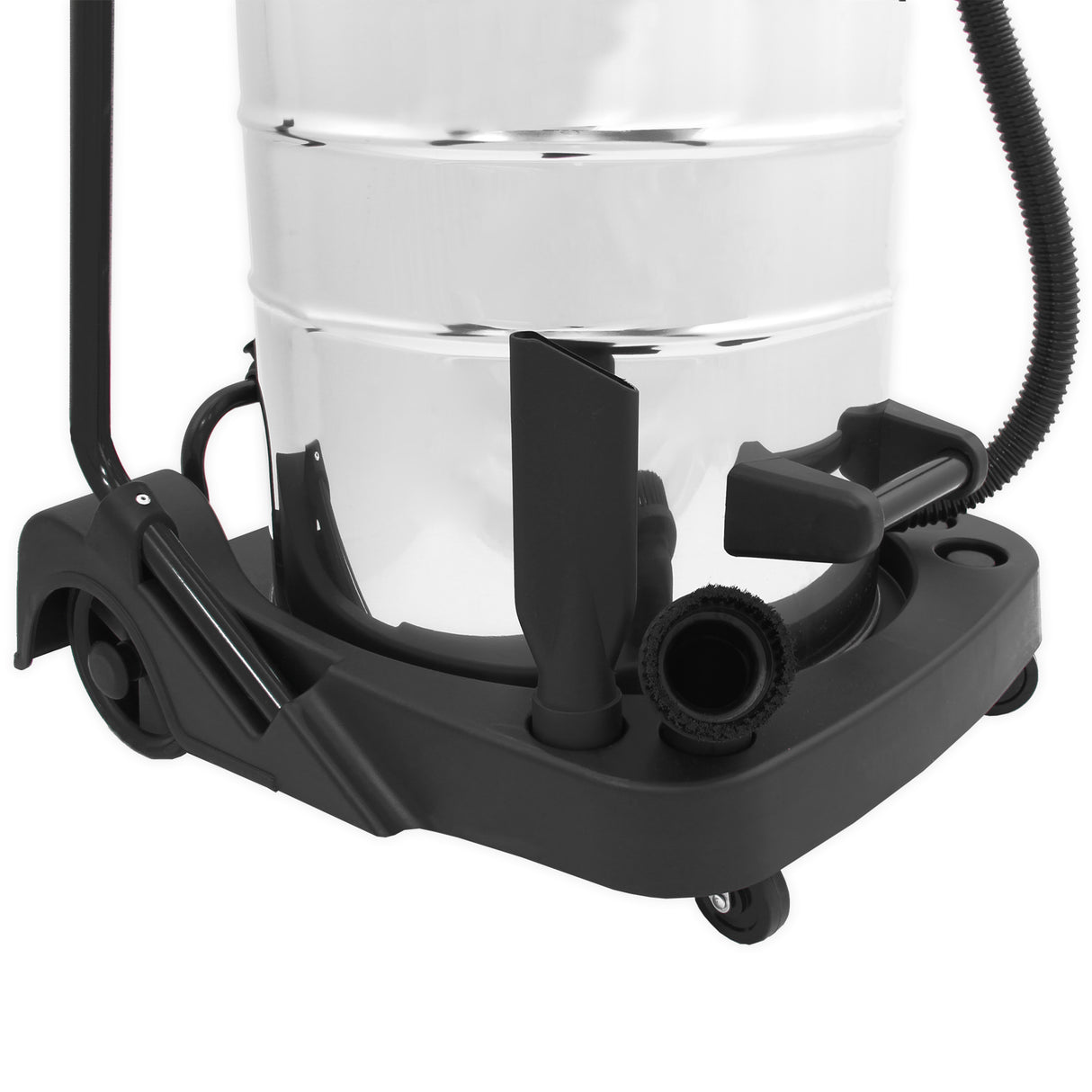 Aspiradora comercial MAXBLAST de 80 litros con cuerpo metálico brillante, ruedas negras y manguera flexible para limpieza eficiente