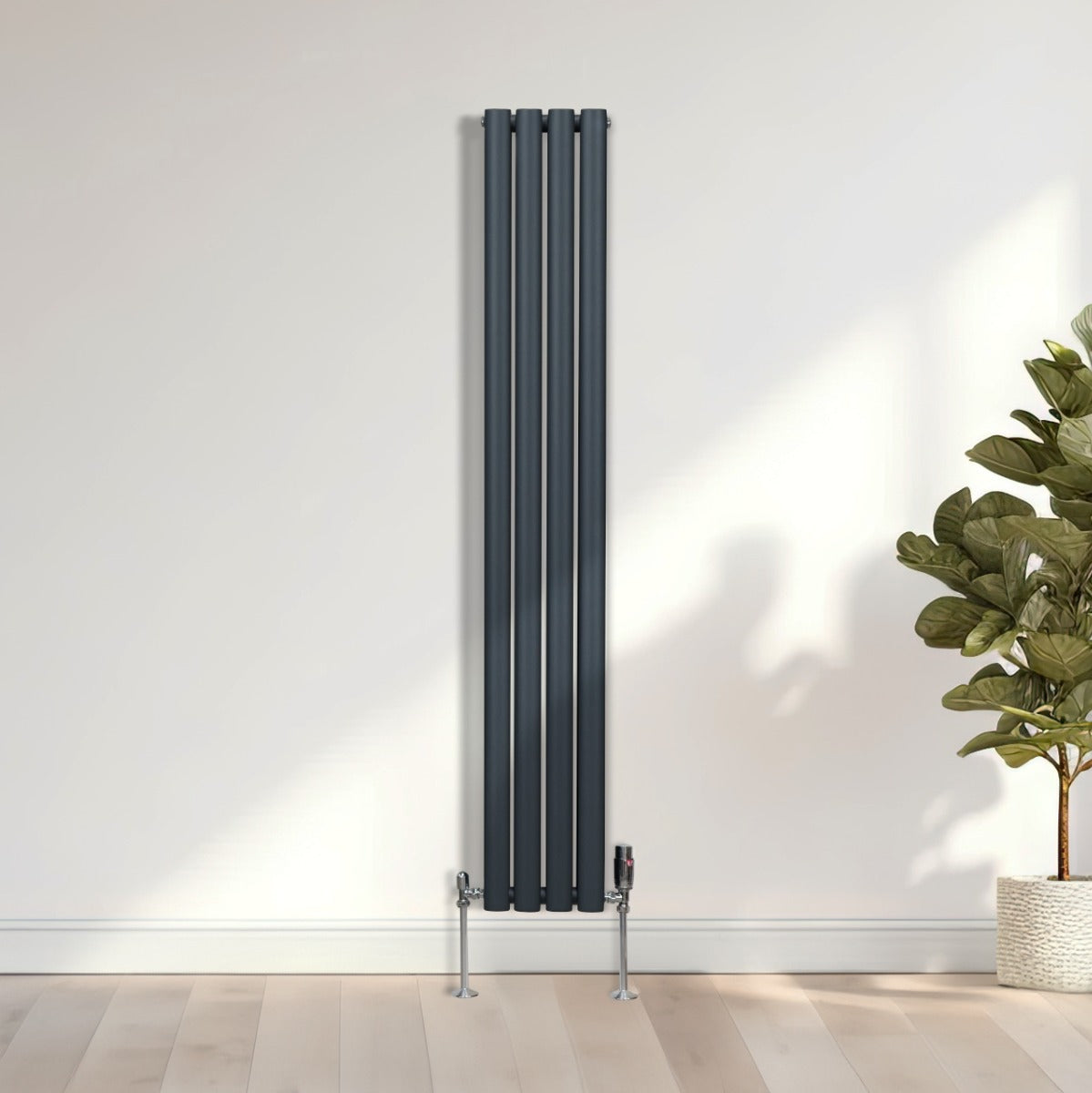 Radiador De Columna Ovalada Vertical Gris Antracita 160cm x 24cm & Válvulas Cromadas TRV