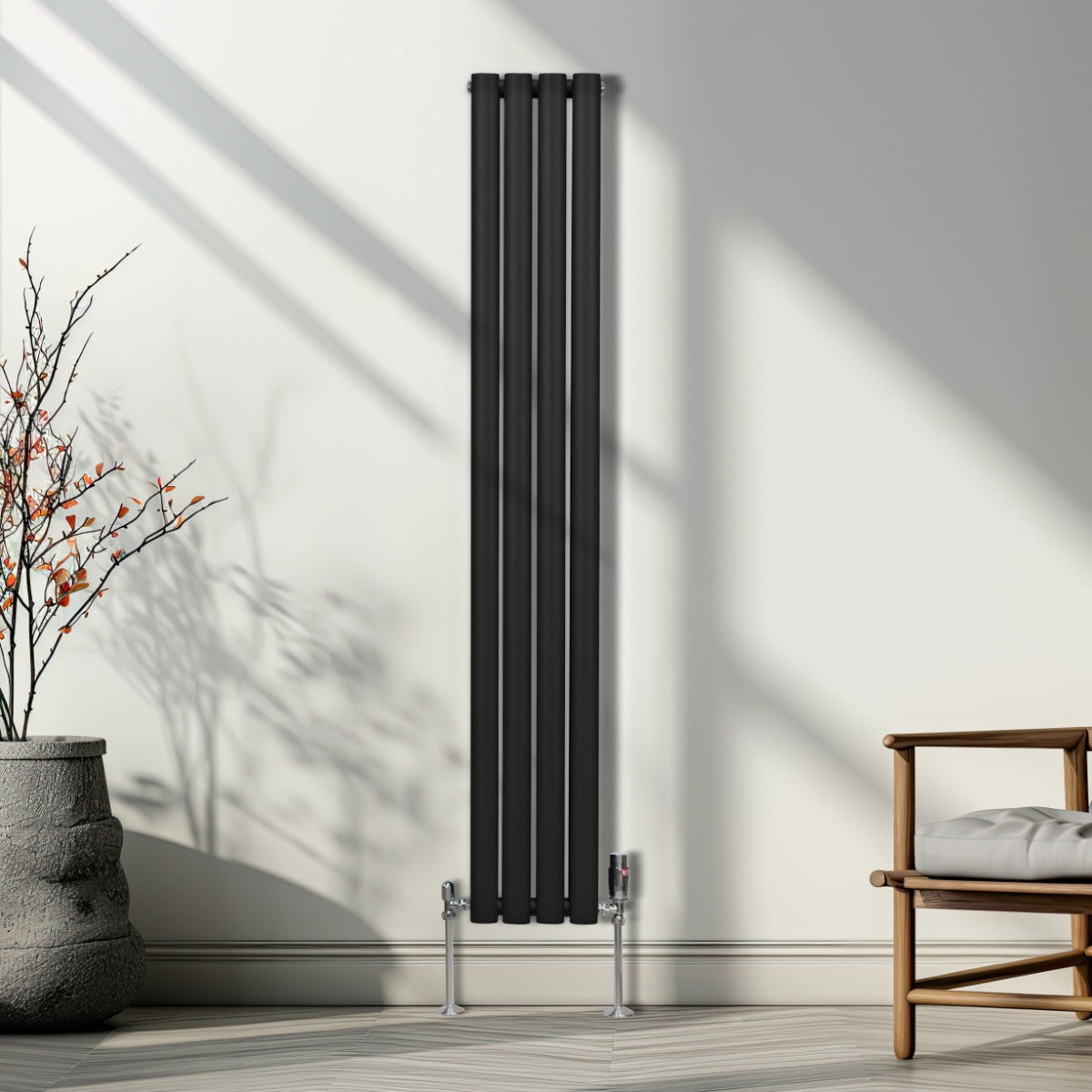 Radiador De Columna Ovalada - 1600mm x 240mm - Negro & Válvulas Cromadas TRV