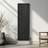 Radiador De Columna Ovalada - 1600mm x 480mm - Negro & Válvulas Cromadas TRV