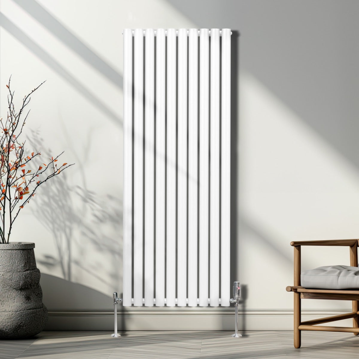 Radiador De Columna Ovalada - 1600mm x 600mm - Blanco & Válvulas Cromadas TRV