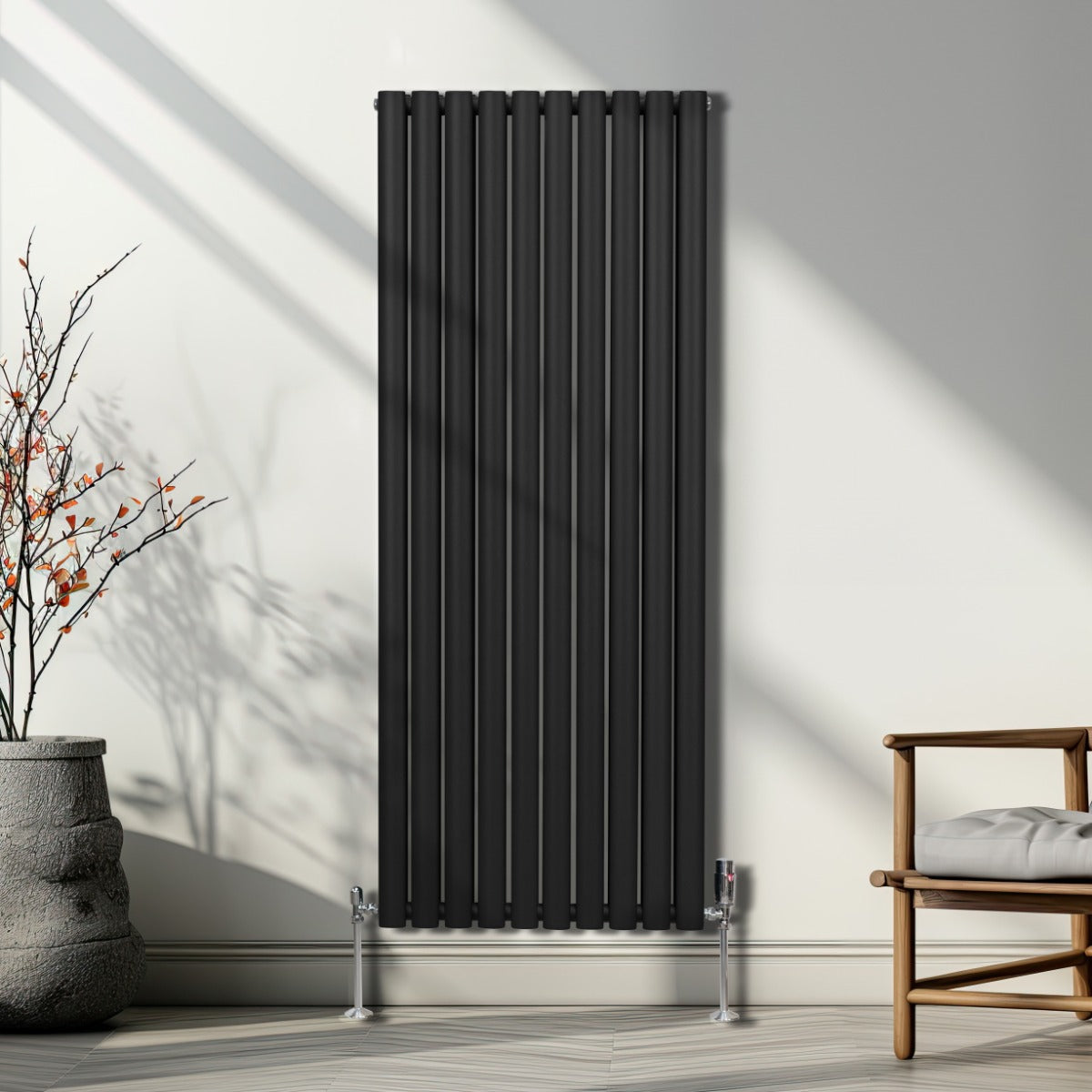 Radiador De Columna Ovalada - 1600mm x 600mm - Negro & Válvulas Cromadas TRV