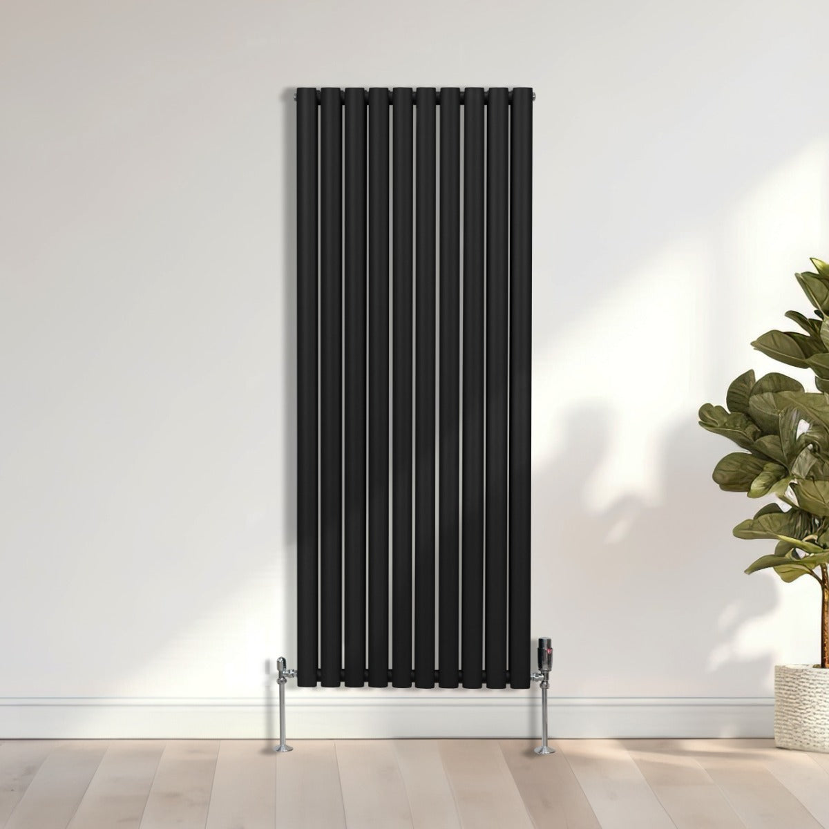 Radiador De Columna Ovalada - 1600mm x 600mm - Negro & Válvulas Cromadas TRV