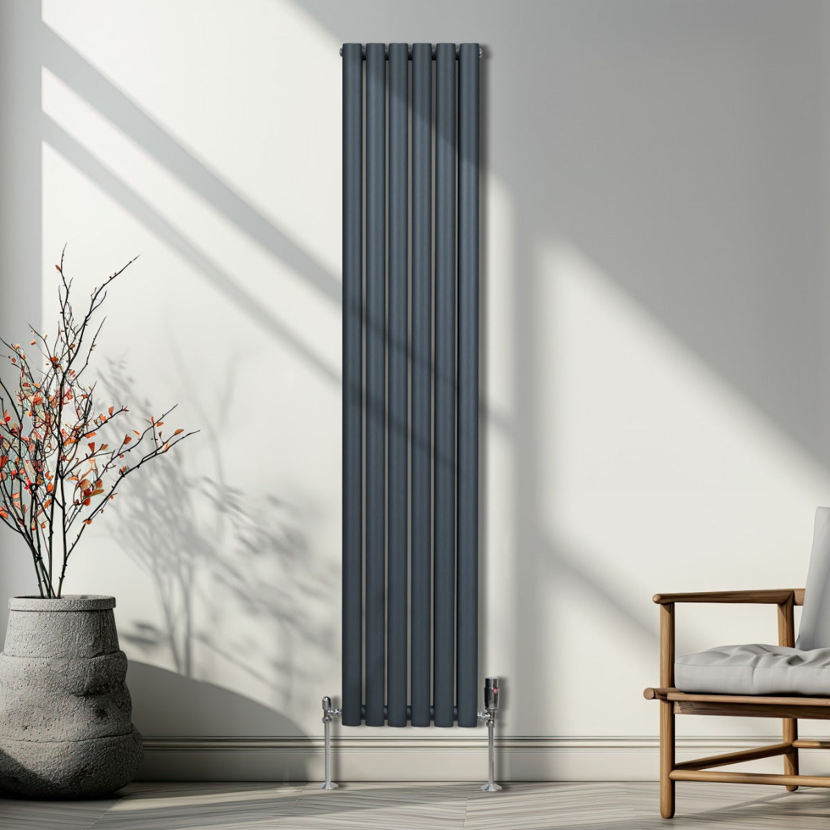 Radiador De Columna Ovalada - 1800mm x 360mm - Gris Antracita & Válvulas Cromadas TRV