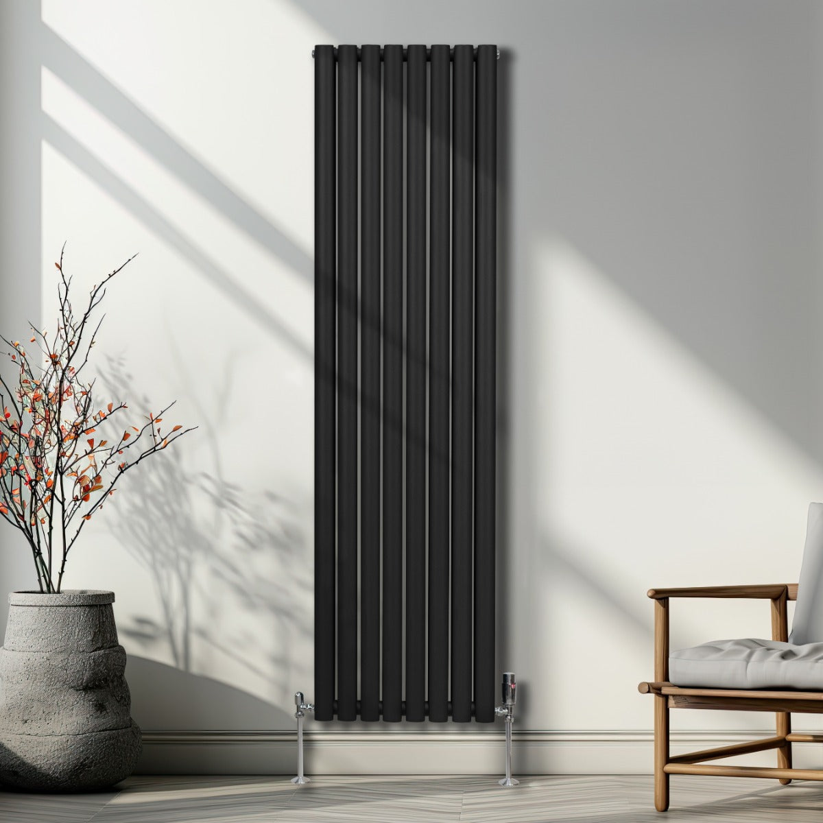 Radiador De Columna Ovalada - 1800mm x 480mm - Negro & Válvulas Cromadas TRV