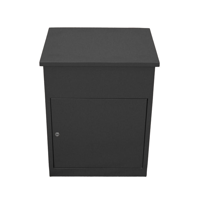 Cajón de almacenamiento negro, con acabado mate, puerta frontal con cerradura y diseño rectangular, ideal para organizar espacios