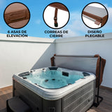 Cubierta marrón de 2m x 2m para jacuzzi, con 6 asas de elevación, correas de cierre y diseño plegable, ideal para protección