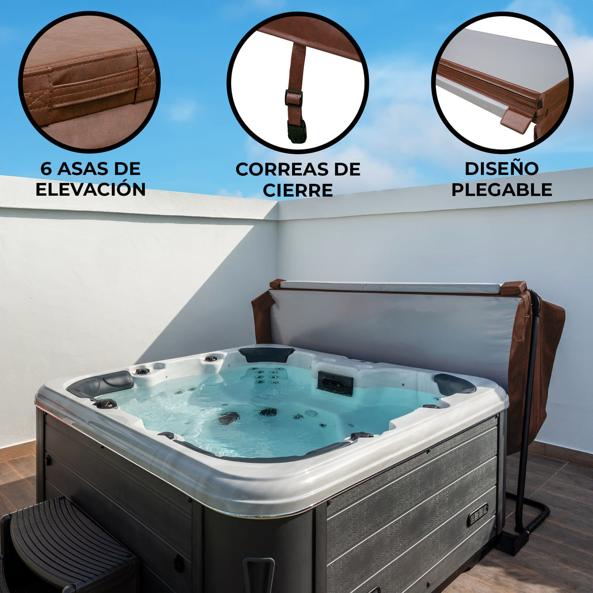 Cubierta marrón para jacuzzi de 2,1m x 2,1m, con 6 asas de elevación y correas de cierre, diseño plegable y material resistente