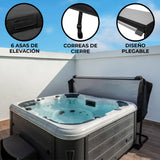 Cubierta negra para jacuzzi de 2,1m x 2,1m, con 6 asas de elevación, correas de cierre y diseño plegable, ideal para protección