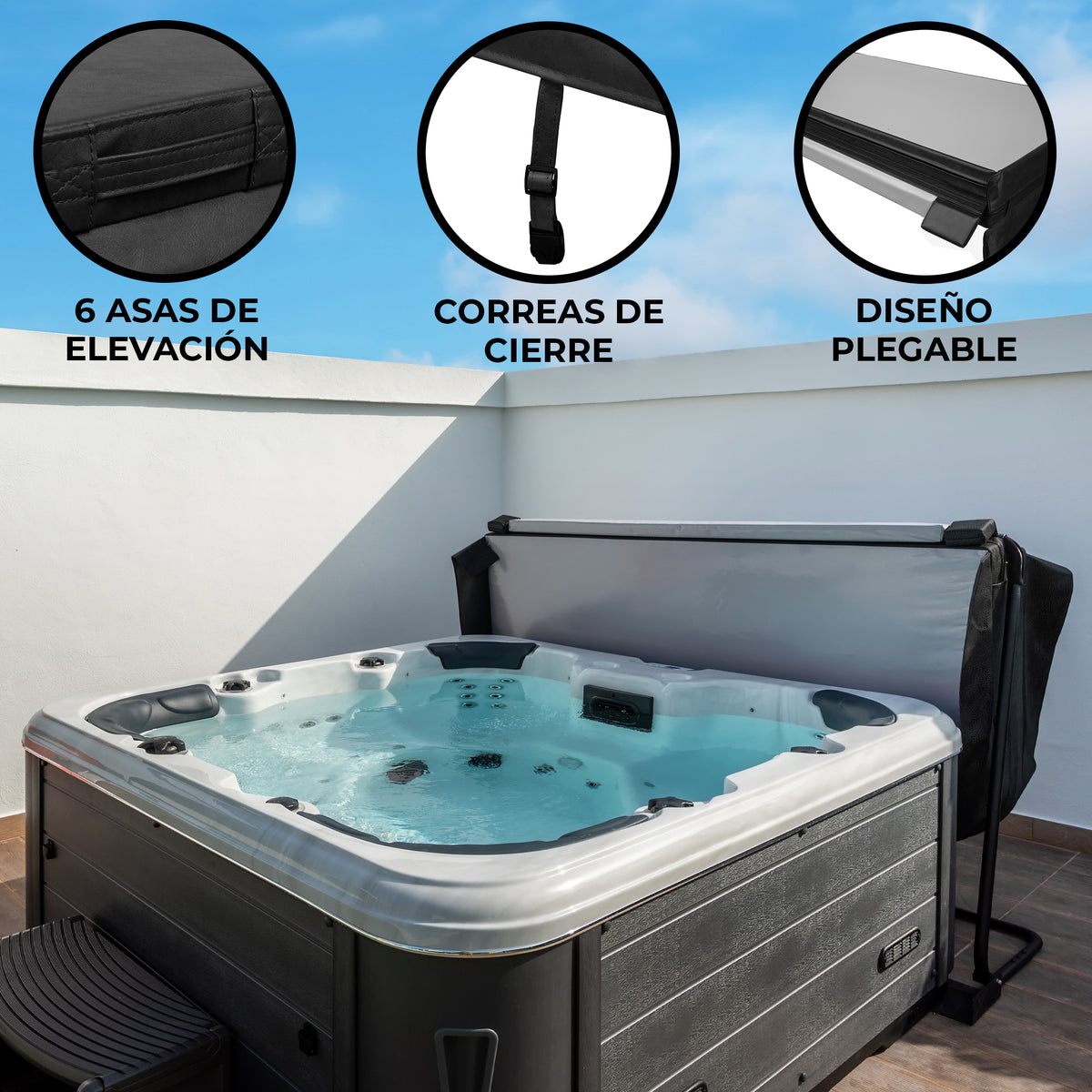Cubierta negra para jacuzzi de 2,2m x 2,2m, con correas de cierre y 6 asas de elevación, diseño plegable y material resistente
