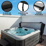 Cubierta negra para jacuzzi de 2,2m x 2,2m, con correas de cierre y 6 asas de elevación, diseño plegable y material resistente