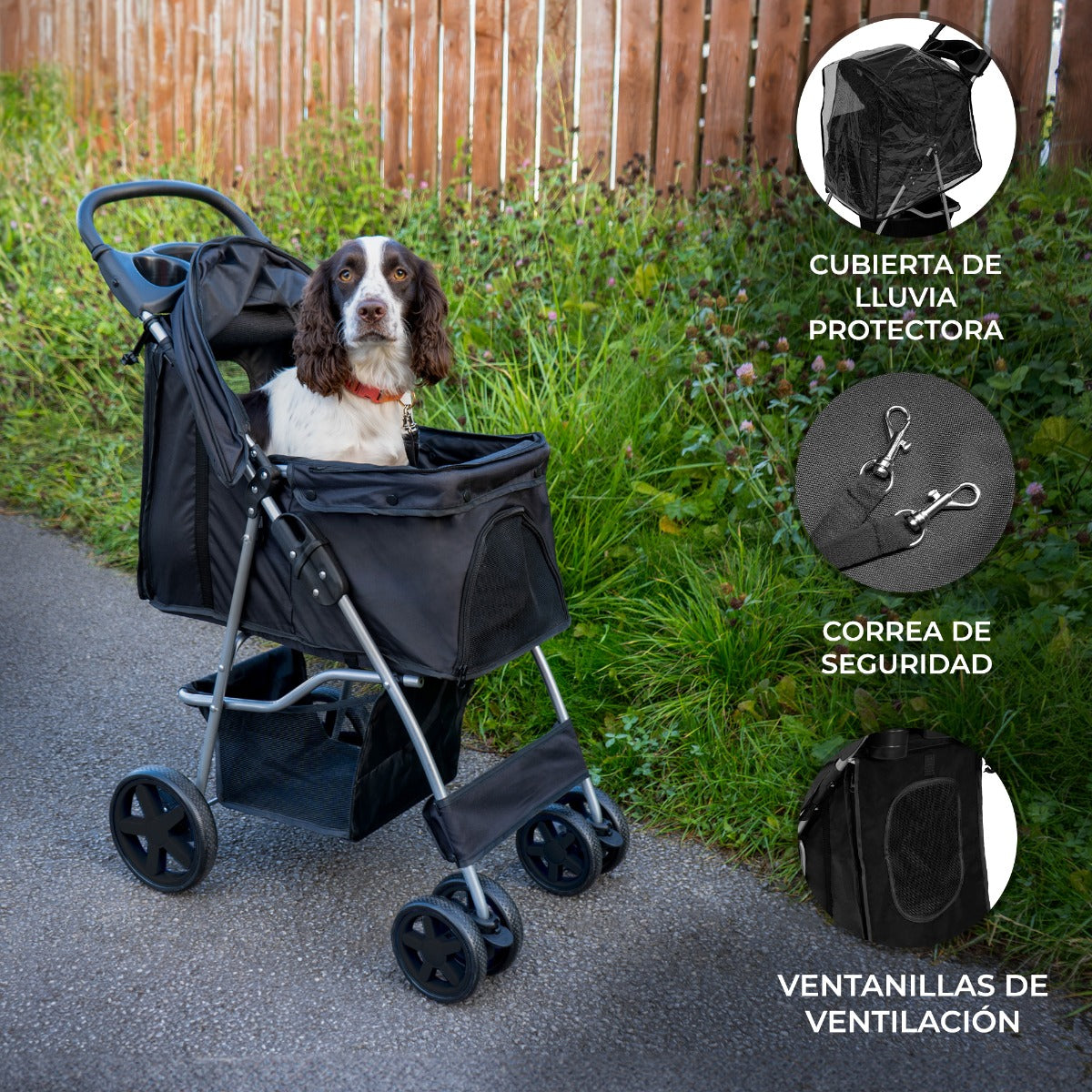 Cochecito para Mascotas con Cubierta de lluvia - Negro