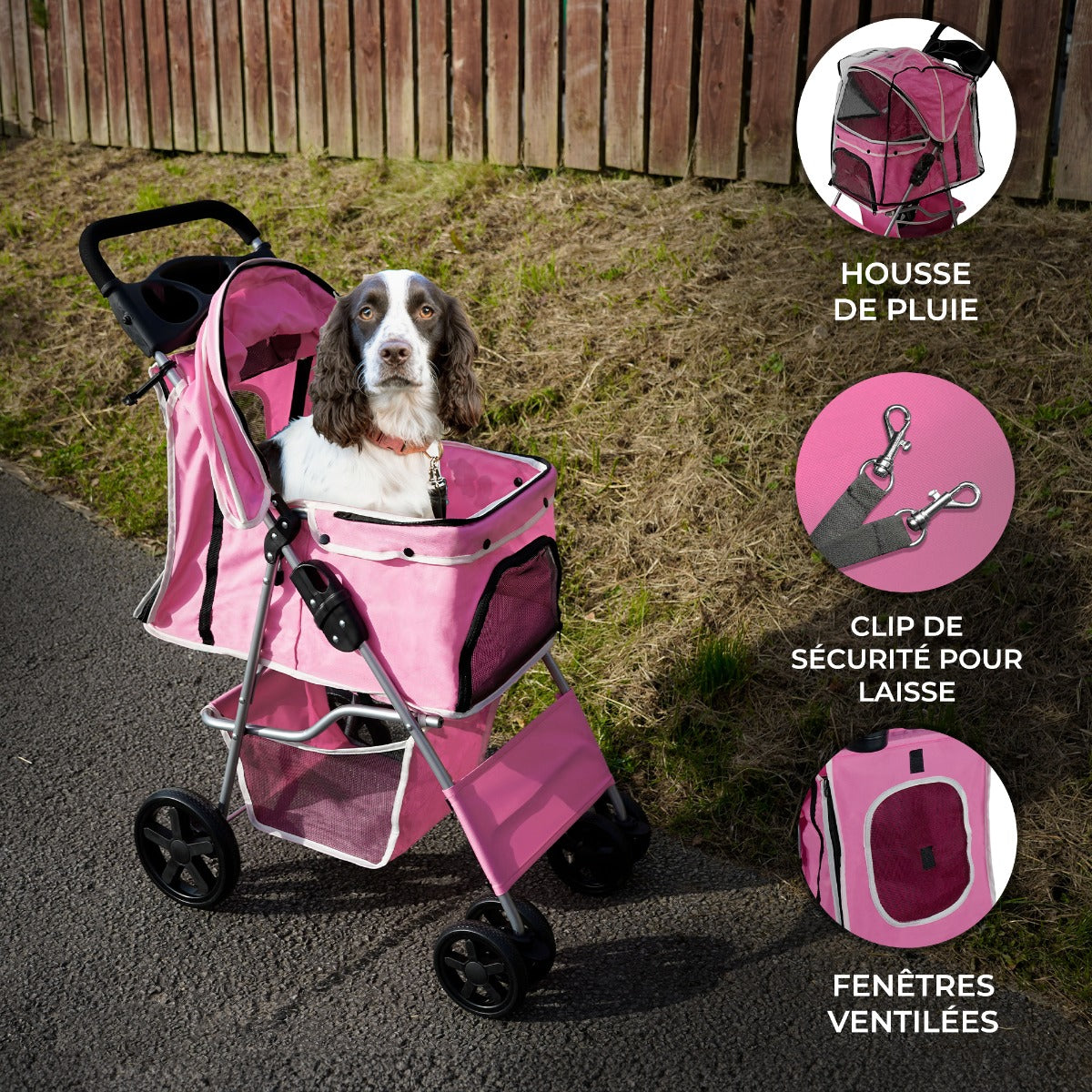 Cochecito para Mascotas con Cubierta de lluvia - Rosa