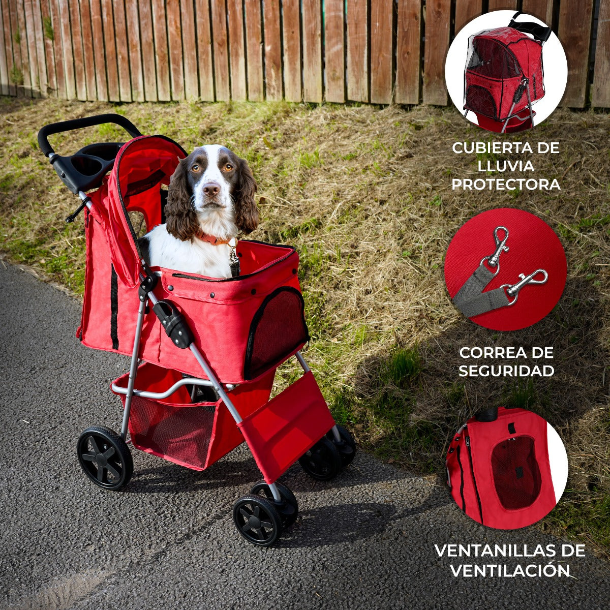 Cochecito para Mascotas con Cubierta de lluvia - Rojo