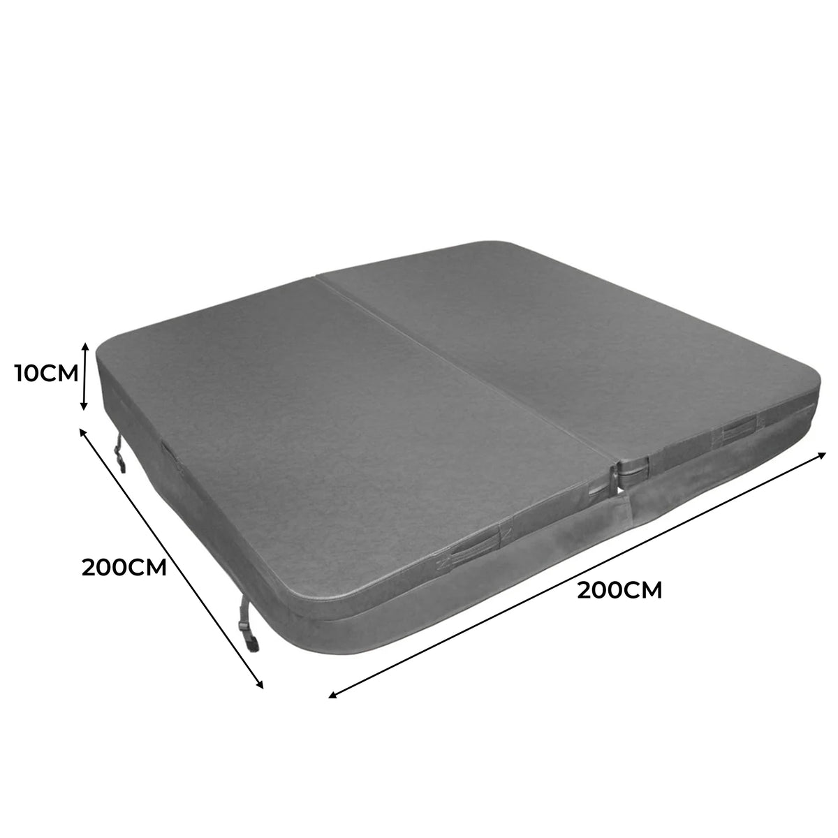 Cubierta gris de 2m x 2m para jacuzzi, con textura suave y medidas de 200cm x 200cm x 10cm, ideal para protección y aislamiento