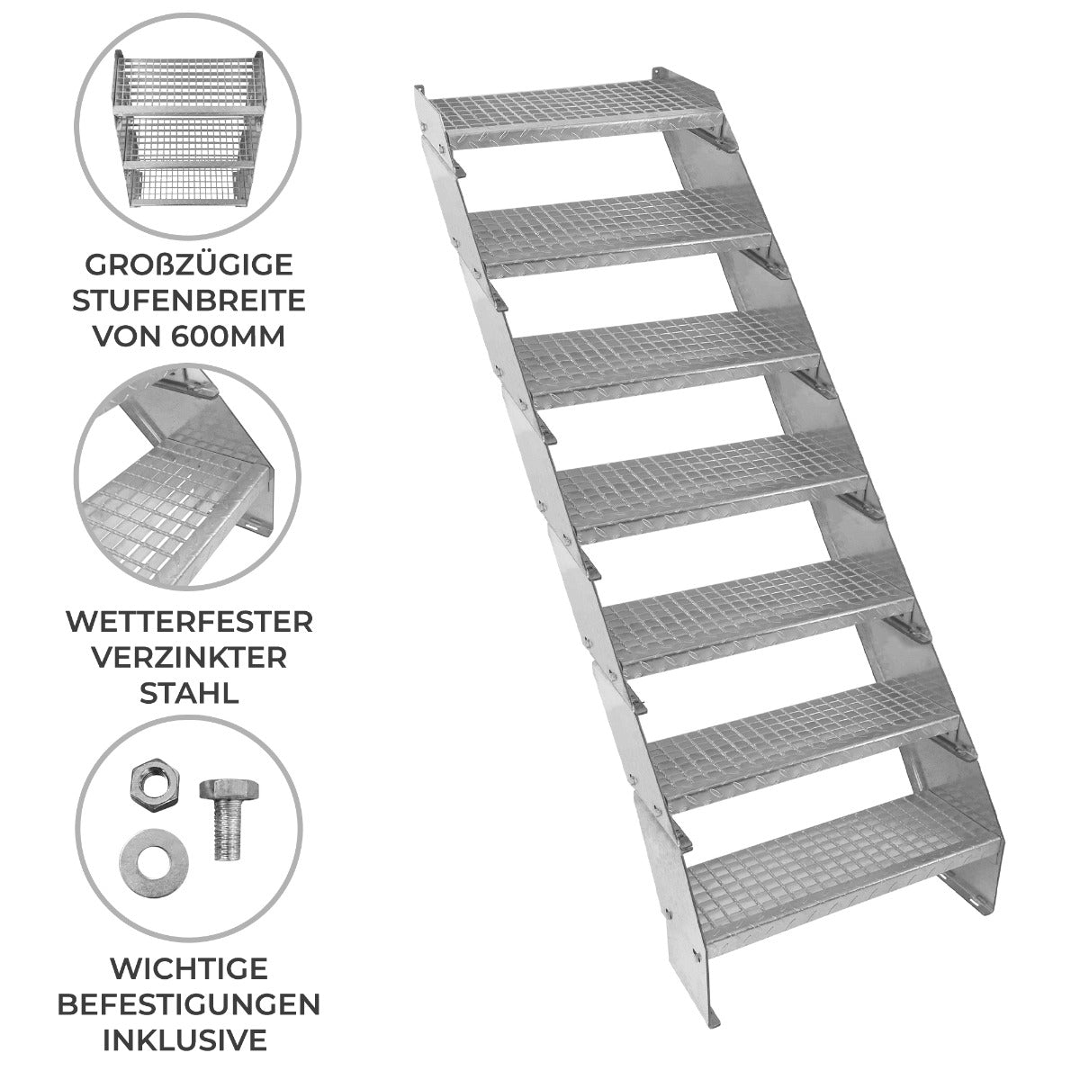 Escalera Galvanizada Ajustable de 7 Escalones – 600mm de Ancho