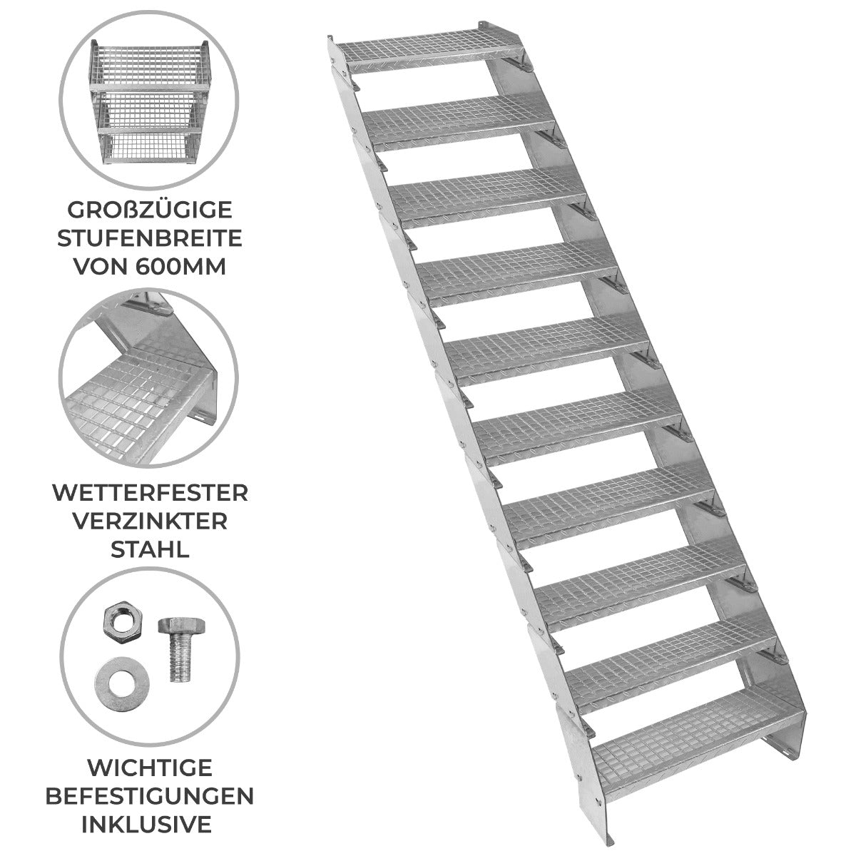 Escalera Galvanizada Ajustable de 10 Escalones– 600mm de Ancho