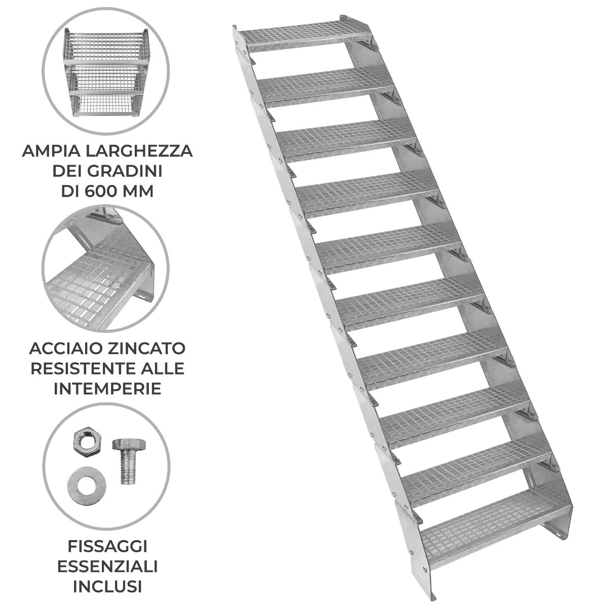 Escalera Galvanizada Ajustable de 10 Escalones– 600mm de Ancho