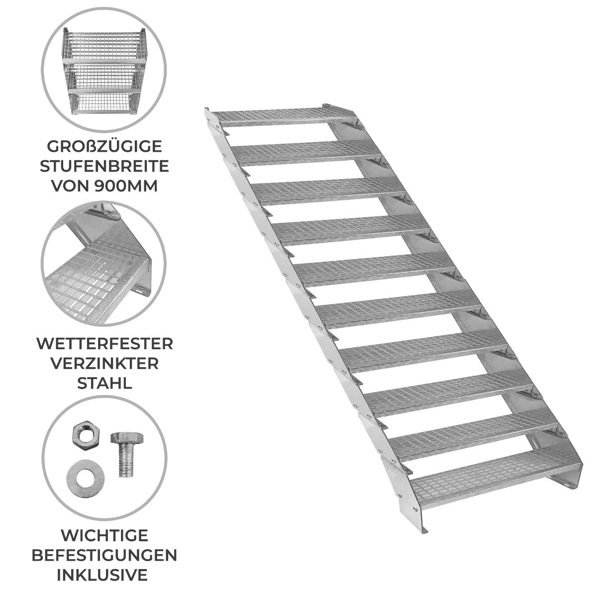 Escalera Galvanizada Ajustable de 10 Escalones– 900mm de Ancho