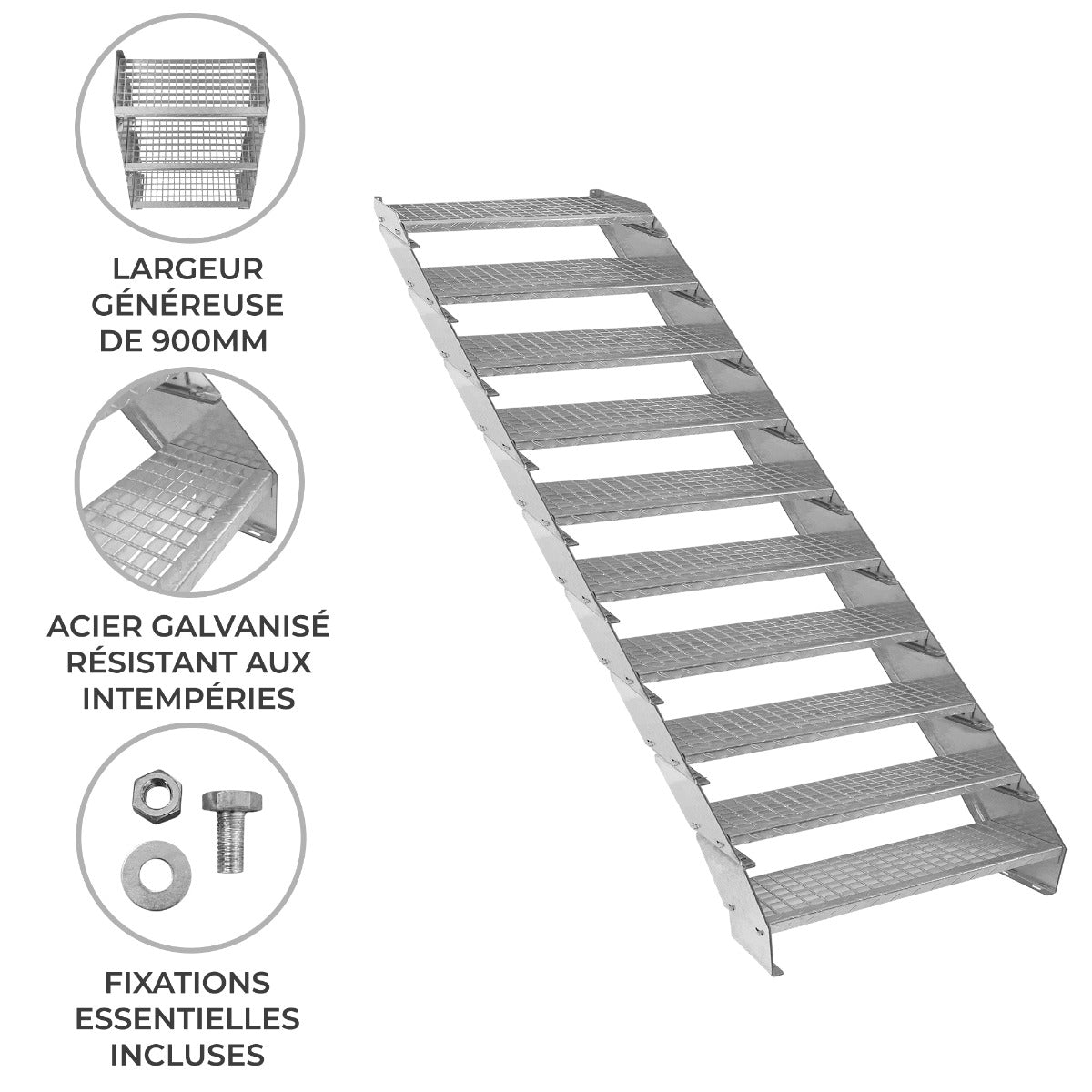 Escalera Galvanizada Ajustable de 10 Escalones– 900mm de Ancho