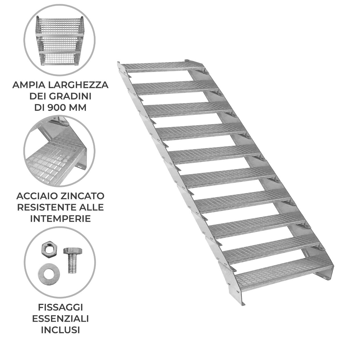 Escalera Galvanizada Ajustable de 10 Escalones– 900mm de Ancho