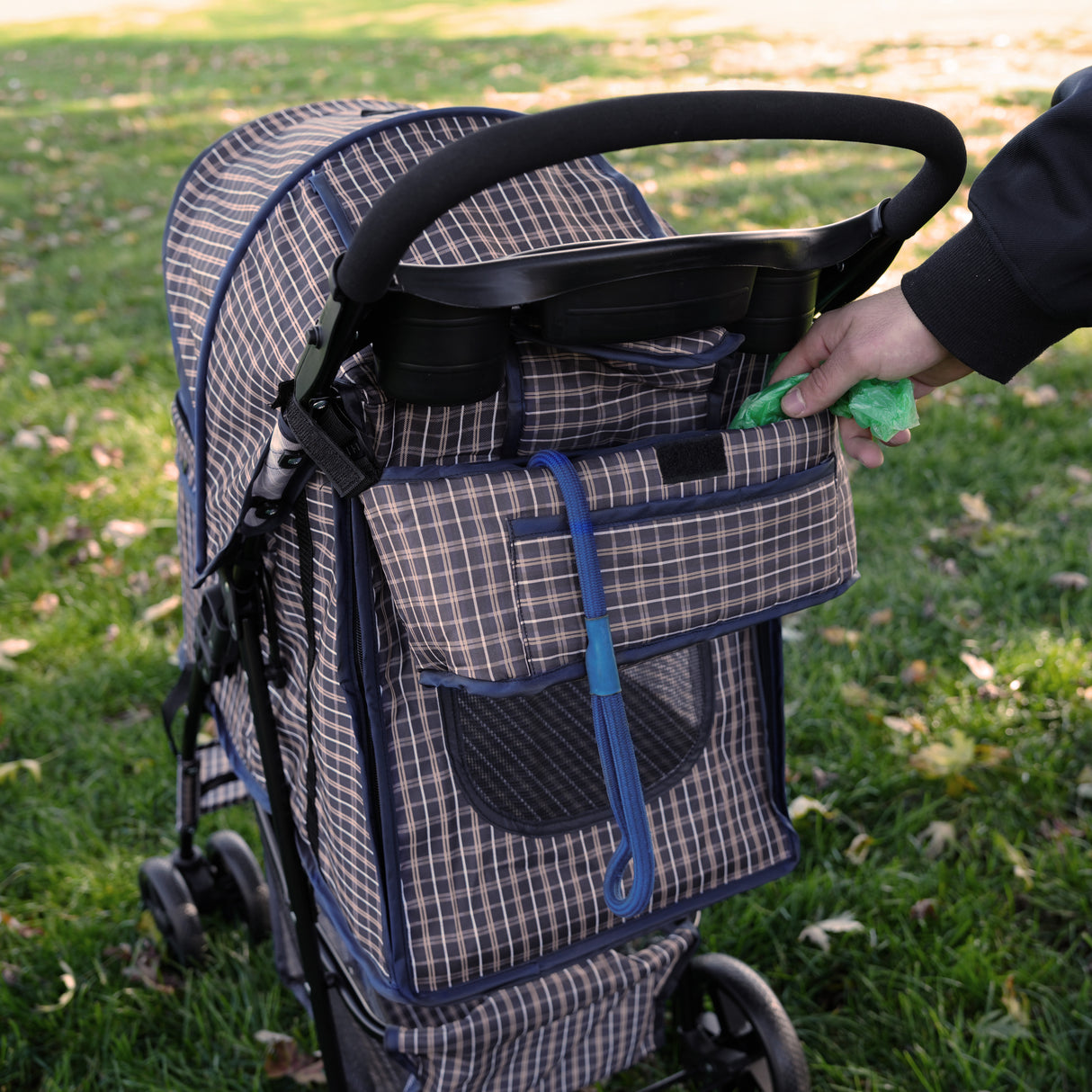 Cochecito para Mascotas con Cubierta de lluvia y Bolsa de Almacenamiento - Tartán Azul