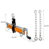 Nivelador de carga del motor en color naranja y metal, con ganchos y cadenas, dimensiones de 46 cm de largo y 26 cm de alto