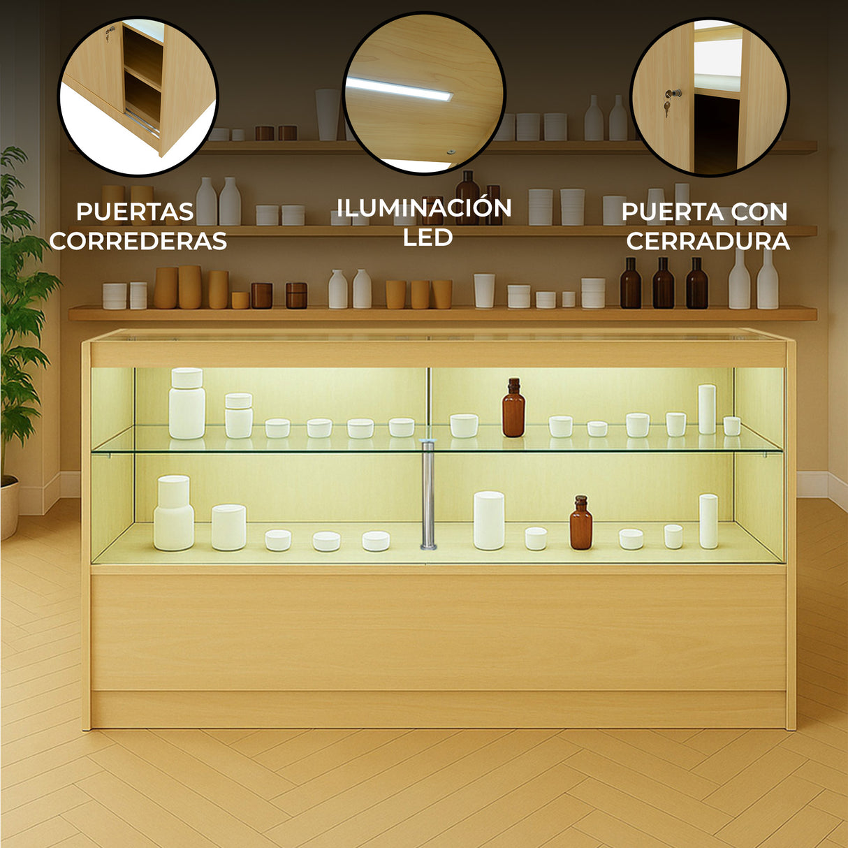 Mostrador Comercial con Luz LED C1500 – Arce