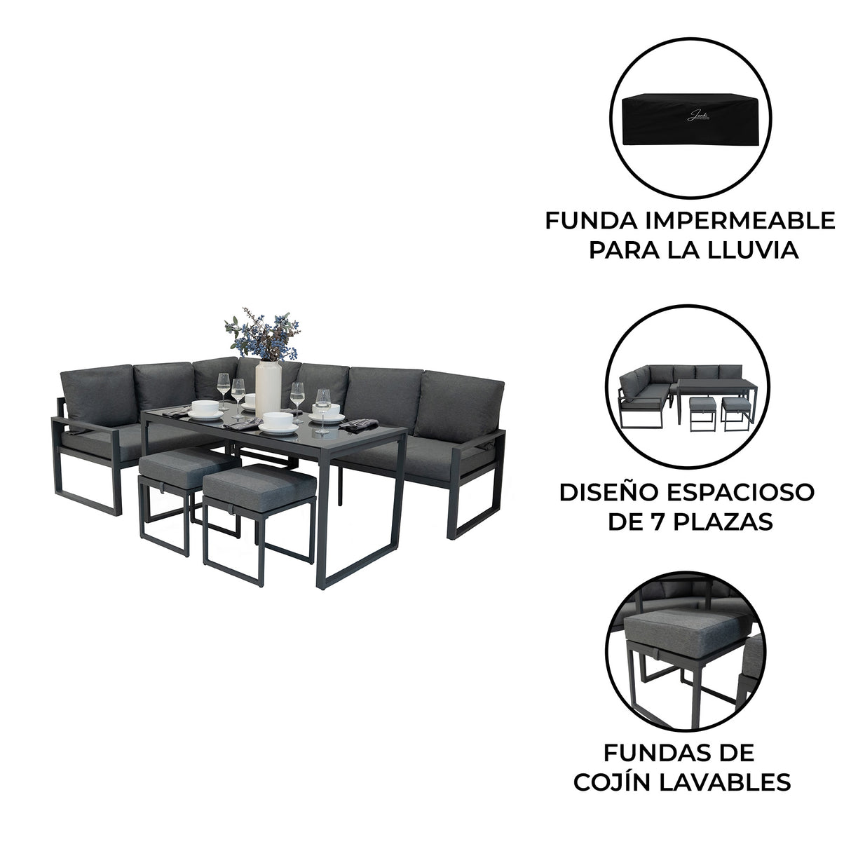 Sofa Esquinero para Exteriores de aluminio 7 plazas - Antracita