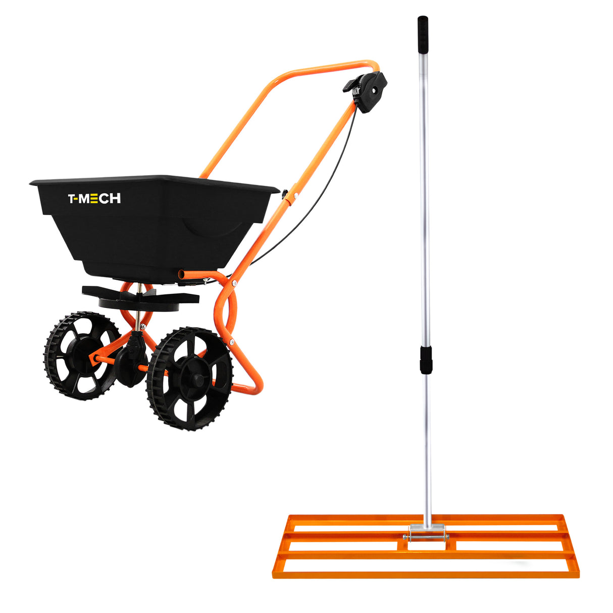 Nivelador de Césped T-Mech de 100 cm (Naranja) y Esparcidor Rotativo