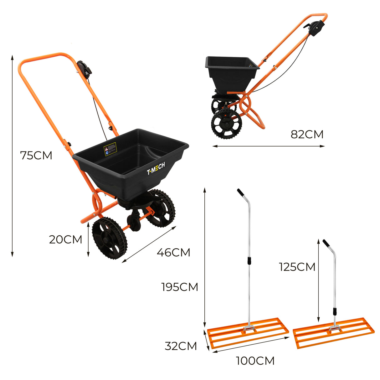 Nivelador de Césped T-Mech de 100 cm (Naranja) y Esparcidor Rotativo