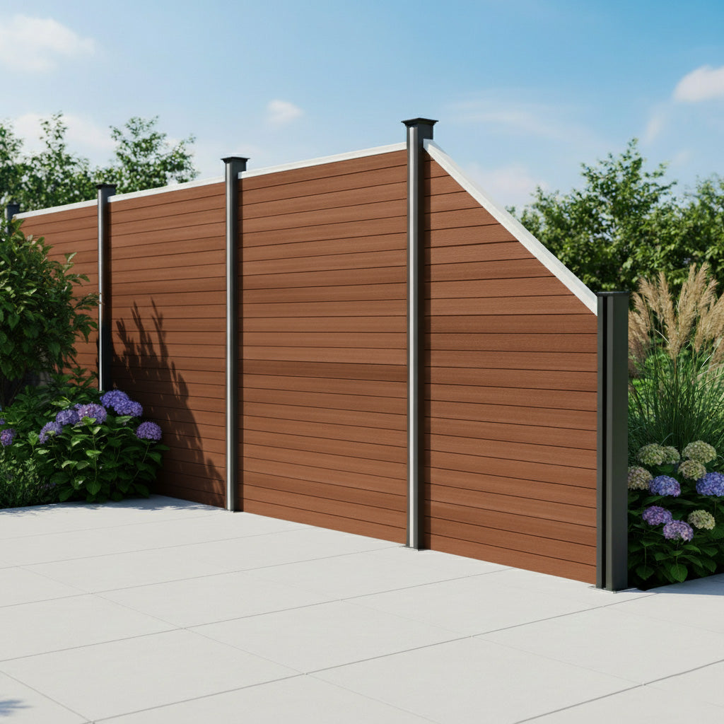 Vallas para exteriores de WPC y Aluminio - 1x Panel Oblicuo + 1x Poste | Marrón