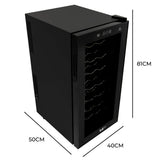 Vinoteca comercial negra con luz LED, diseño elegante, capacidad para varias botellas, dimensiones de 81 cm de alto y 40 cm de ancho