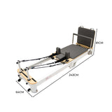 Reformer de Pilates plegable de aluminio en color blanco y gris, con medidas de 243 cm de largo y 64 cm de ancho, ideal para entrenamiento en casa