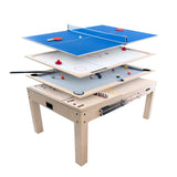 Mesa de juegos 7 en 1 de color roble, con tableros apilables en azul y blanco, ideal para diversas actividades recreativas