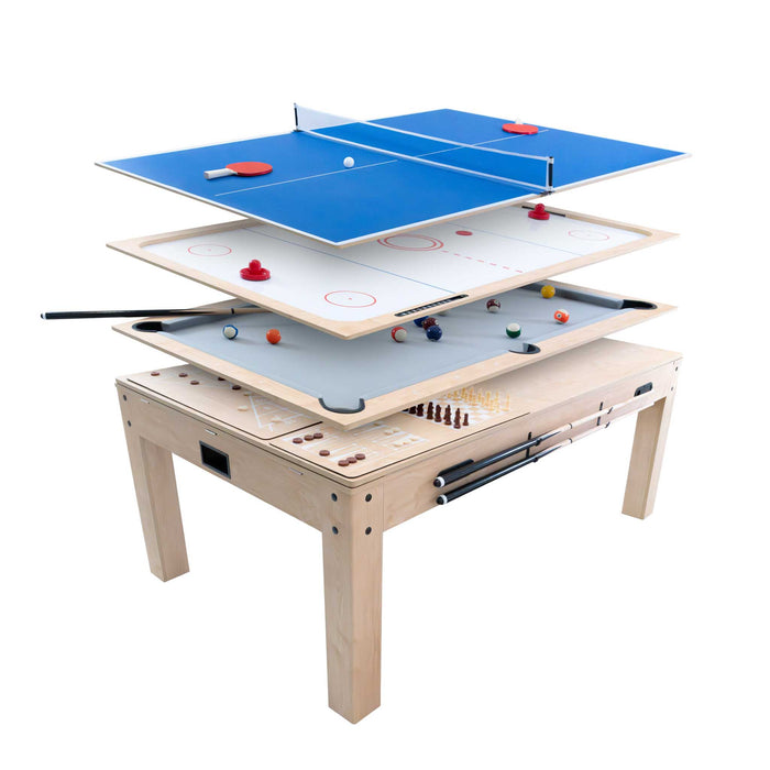 Mesa de juegos de madera clara con varias capas, incluyendo aire hockey, ping pong y ajedrez, con colores vibrantes y superficies lisas