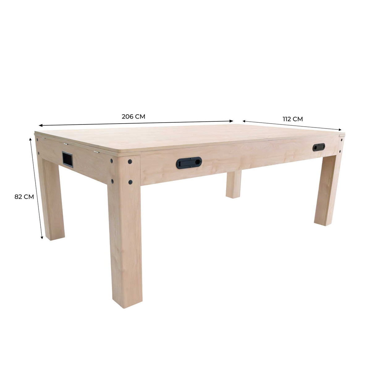 Mesa de juegos 7 en 1 de color roble, con un diseño rectangular, patas robustas y medidas de 206 cm de largo, 112 cm de ancho y 82 cm de alto