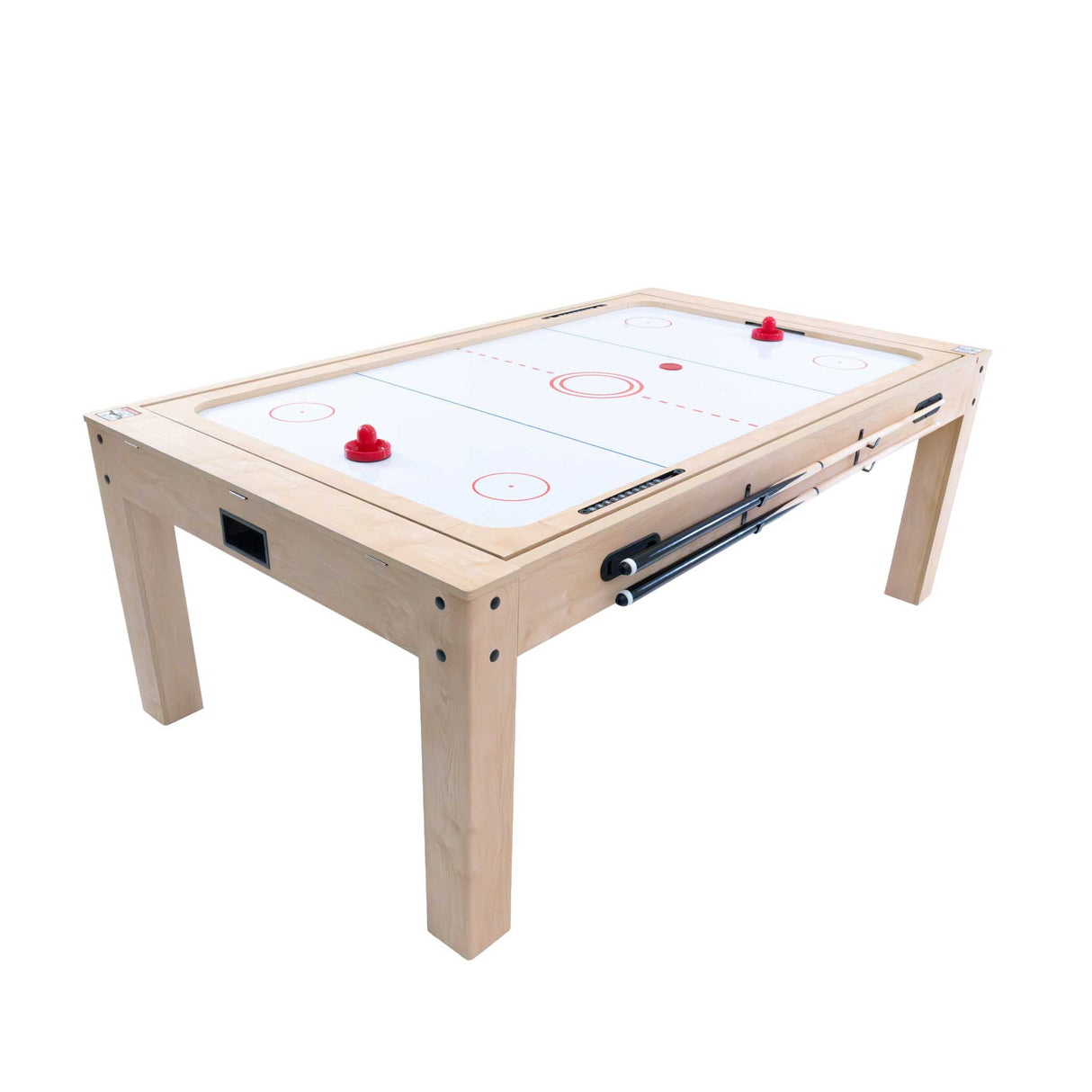 Mesa de juegos 7 en 1 de color roble, con superficie blanca y líneas rojas, ideal para diversas actividades recreativas y familiares