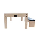 Mesa de juegos de roble clara con superficie lisa, cajón integrado y banco de almacenamiento negro a juego, ideal para entretenimiento