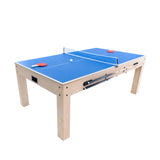 Mesa de juegos 7 en 1 de color azul con superficie lisa, patas de madera clara y espacio de almacenamiento integrado en el diseño